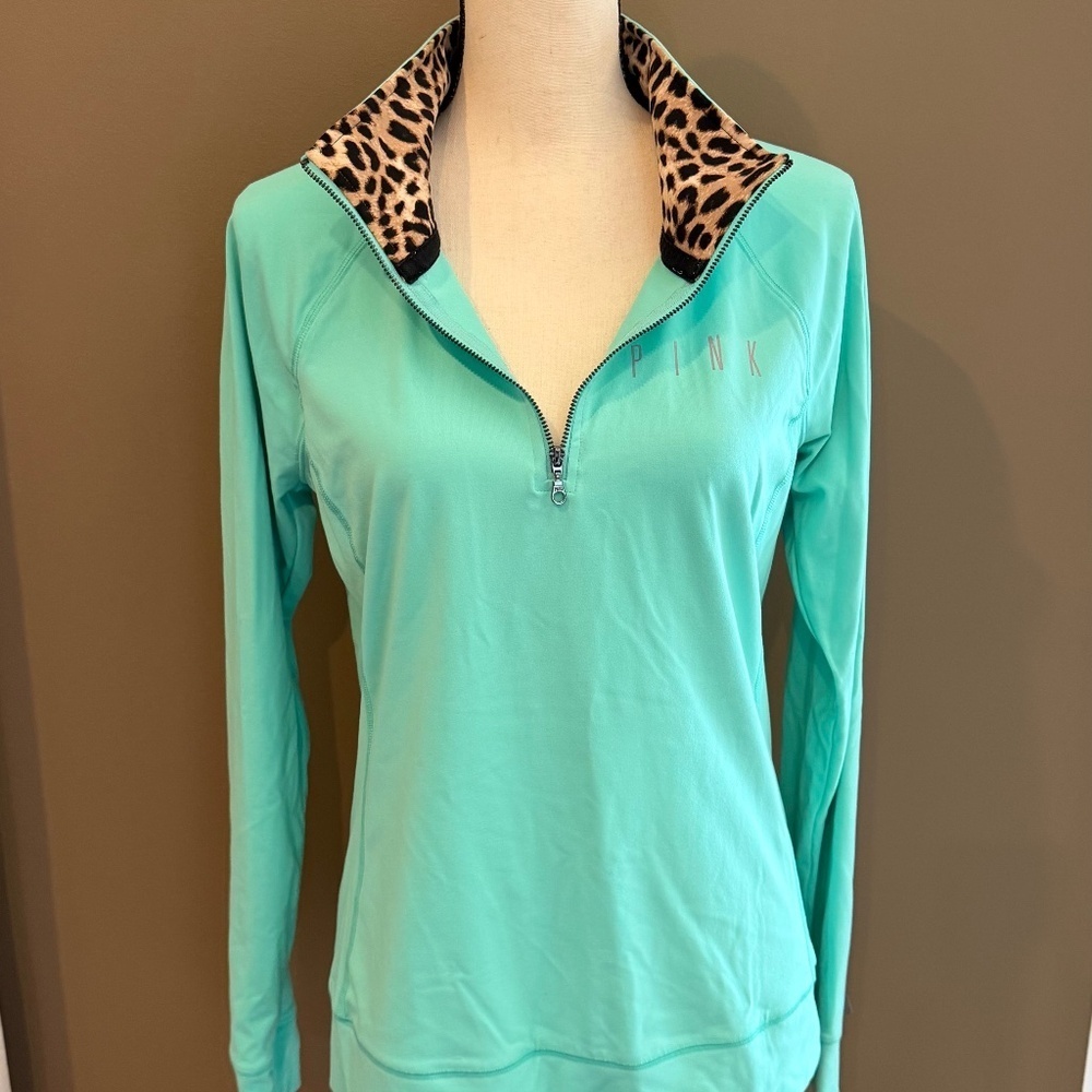 PINK Victoria's Secret Mint Green Animal Print Pullover 1/4 Zip, Size Medium